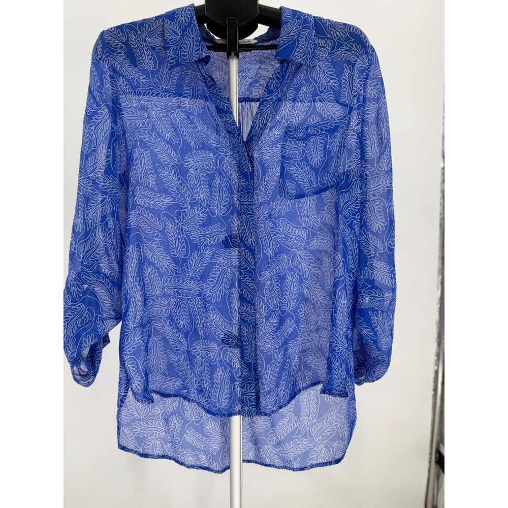 Diane von Furstenberg DVF Lorelei‎ Two Silk Blouse Blue White Leaf Print Size 12